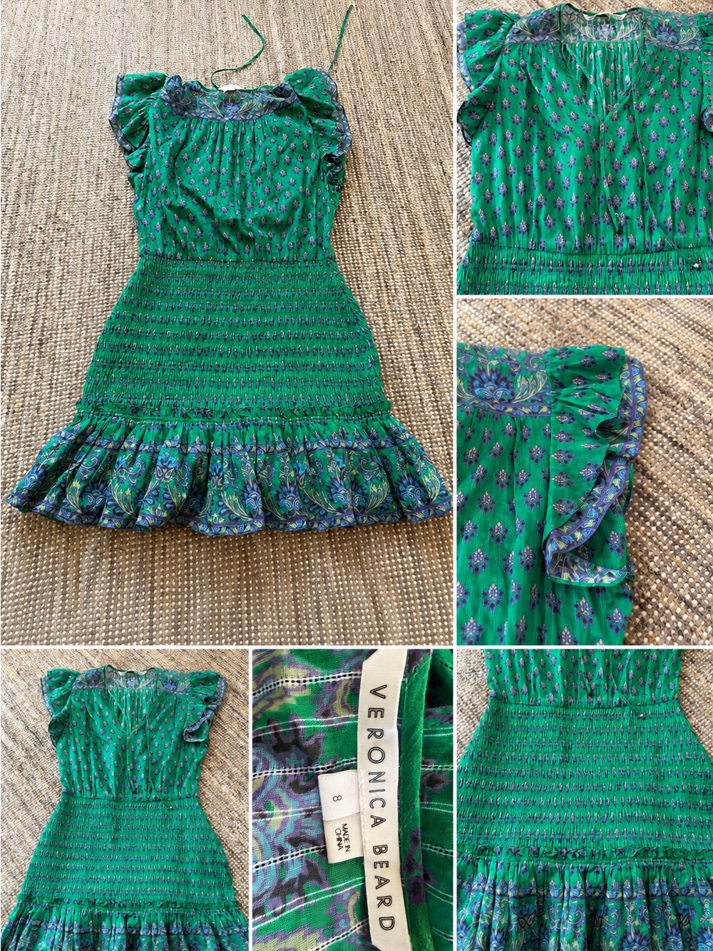 Veronica Beard Green Floral Smocked Ruffle Dress size 8